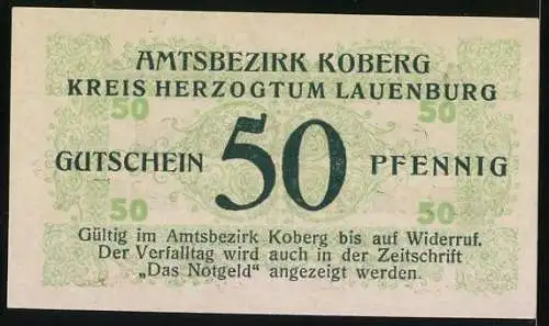 Notgeld Koberg /Lauenburg 1921, 50 Pfennig, Kontroll-Nr. 06011