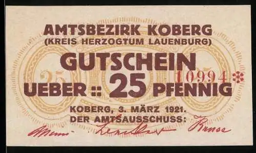 Notgeld Koberg /Lauenburg 1921, 25 Pfennig, Kontroll-Nr. 10994