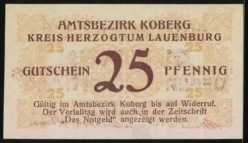 Notgeld Koberg /Lauenburg 1921, 25 Pfennig, Kontroll-Nr. 10994