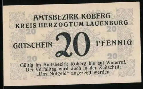 Notgeld Koberg /Lauenburg 1921, 20 Pfennig, Kontroll-Nr. 19714