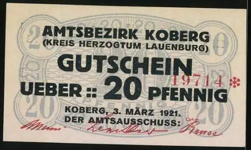 Notgeld Koberg /Lauenburg 1921, 20 Pfennig, Kontroll-Nr. 19714