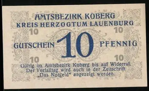Notgeld Koberg /Lauenburg 1921, 10 Pfennig, Kontroll-Nr. 09568