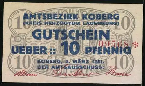 Notgeld Koberg /Lauenburg 1921, 10 Pfennig, Kontroll-Nr. 09568