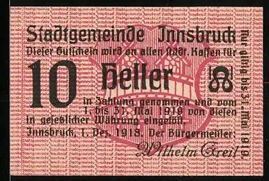 Notgeld Innsbruck 1918, 10 Heller, Wappen im Hintergrund