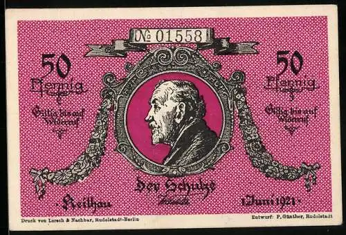 Notgeld Keilhau i. Th. 1921, 50 Pfennig, Fröbe, Langenthal, Barop, Middendorf und der Schulze, in pink