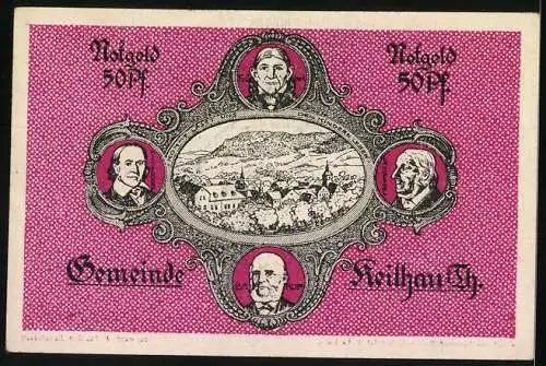 Notgeld Keilhau i. Th. 1921, 50 Pfennig, Fröbe, Langenthal, Barop, Middendorf und der Schulze, in pink