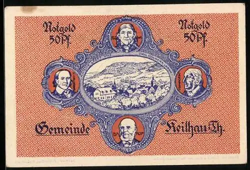 Notgeld Keilhau i. Th. 1921, 50 Pfennig, Fröbe, Langenthal, Barop, Middendorf und der Schulze, in orange