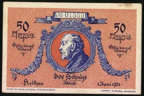 Notgeld Keilhau i. Th. 1921, 50 Pfennig, Fröbe, Langenthal, Barop, Middendorf und der Schulze, in orange