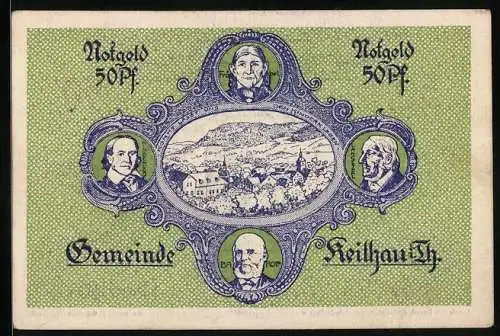 Notgeld Keilhau i. Th. 1921, 50 Pfennig, Fröbe, Langenthal, Barop, Middendorf und der Schulze, in grün
