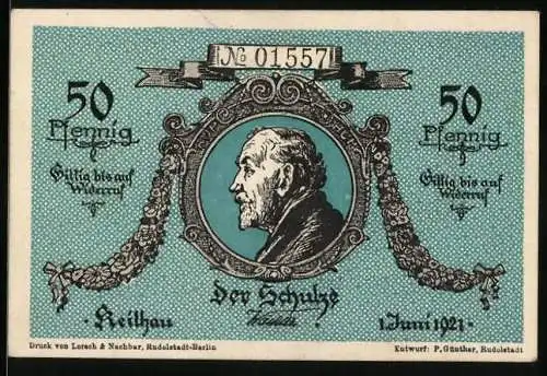 Notgeld Keilhau i. Th. 1921, 50 Pfennig, Fröbe, Langenthal, Barop, Middendorf und der Schulze, in blau