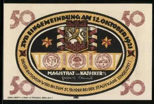 Notgeld Katscher /O.-S. 1921, 50 Pfennig, Bürger wählen das Wappen