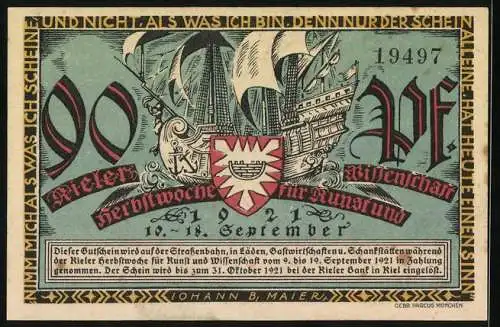 Notgeld Kiel 1921, 90 Pfennig, Herbstwoche für Kunst und Wissenschaft, Schiffsbau