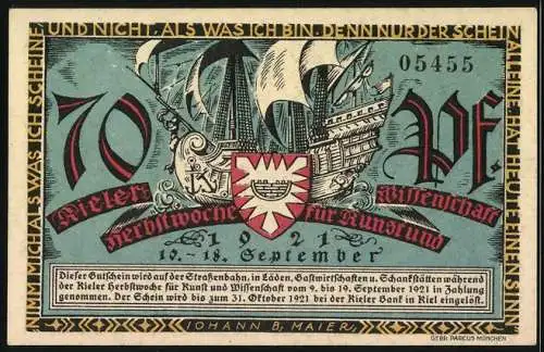 Notgeld Kiel 1921, 70 Pfennig, Herbstwoche für Kunst und Wissenschaft, Das Rathaus im alten Kiel