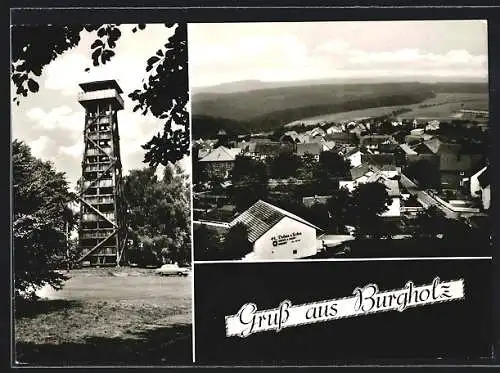 AK Burgholz /Krs. Marburg, Ortsansicht aus der Vogelschau, Aussichtsturm
