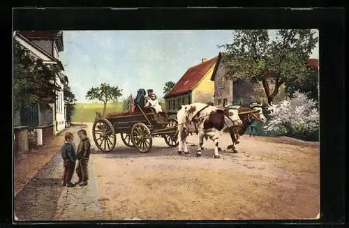 AK Bauer mit Kind im Ochsenkarren auf einer Dorfstrasse