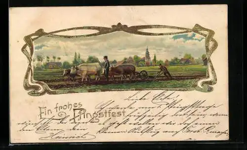 AK Bauer mit Ochsen-Gespann beim Pflügen, Pfingstgruss
