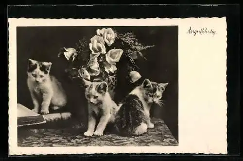 AK Drei kleine Katzen mit einem Rosenstrauss