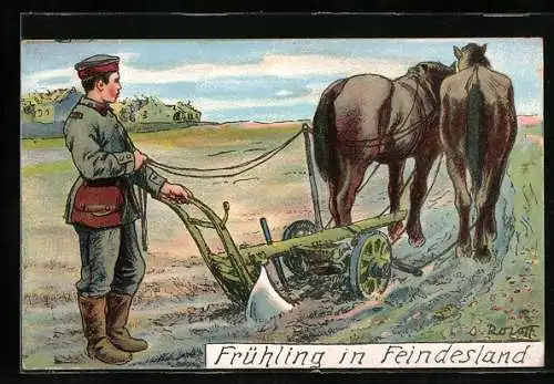 Künstler-AK Frühling in Feindesland, Soldat mit einem Pferdepflug