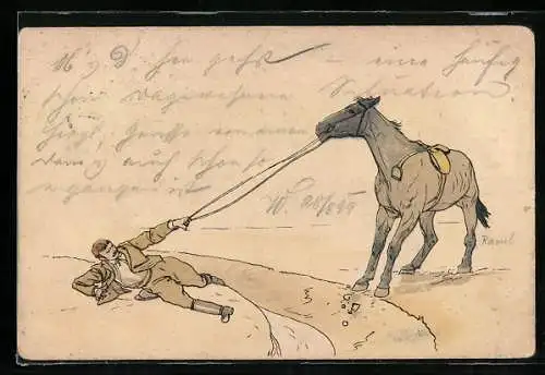 AK Gestürzter Reiter hält sein Pferd fest