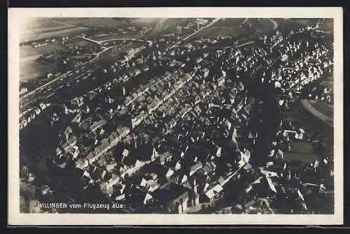 Lithographie Villingen / Baden, Stadtansicht vom Flugzeug aus