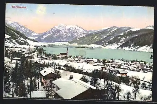 AK Schliersee, Teilansicht mit Seeblick und Bergen im Winter