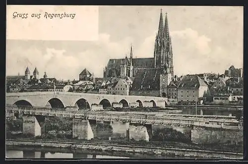 AK Regensburg, Brücke mit Blick auf Kirche