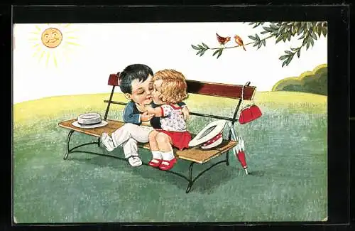 AK Kinder küssen sich auf einer Parkbank