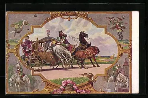 Künstler-AK Paul Hey: Münchhausen's Abenteuer Nr. 10, Ritt durch die fahrende Pferdekutsche