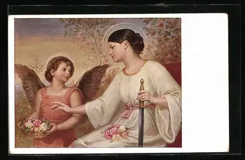 AK Ein Engel mit Blumenkorb besucht eine junge Frau mit Schwert und Heiligenschein