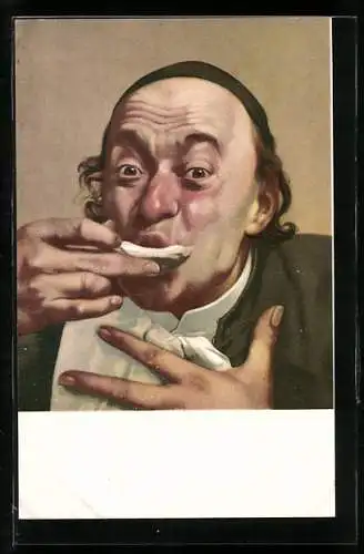 AK Mann mit genüsslichem Gesicht schlürft eine Auster