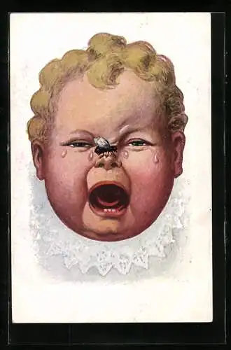 AK Weinender Säugling mit Fliege auf der Nase