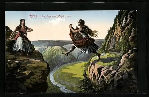 Künstler-AK Harz, Die Sage vom Mägdesprung, In alter Zeit erwartete einst eine Riesenjungfrau...