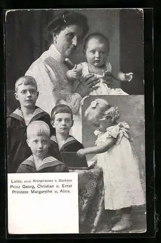 AK Kronprinzess Luise, Prinz Georg, Christian und Ernst, Prinzess Margarethe und Alix von Sachsen