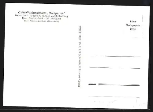 AK Kreershäuschen /Hunsrück, Café-Waldgaststätte Malepartus, Bes. Fam. Gräff