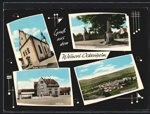 AK Ockenheim /Bingen, Kath. Kirche, Schule und Kriegerdenkmal