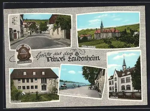 AK Laubenheim /Rhein, Kath. Kirche, Rathaus, Schwimmbad am Rheinufer, Schule