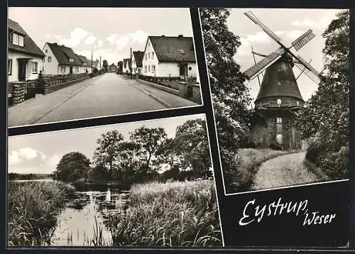 AK Eystrup /Weser, Strassenpartie, Windmühle und Seeblick