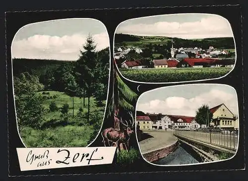 AK Zerf, Teilansicht mit Kirche, Brücke, Ortspartie