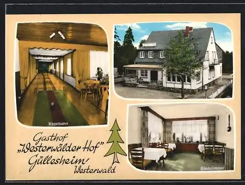 AK Güllesheim /Westerwald, Gasthof Westerwälder Hof, Innenansichten Gästezimmer und Kegelbahn