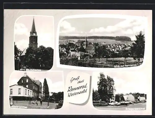 AK Rennerod /Westerwald, Kirche St. Hubertus, Kindergarten, Kriegerdenkmal