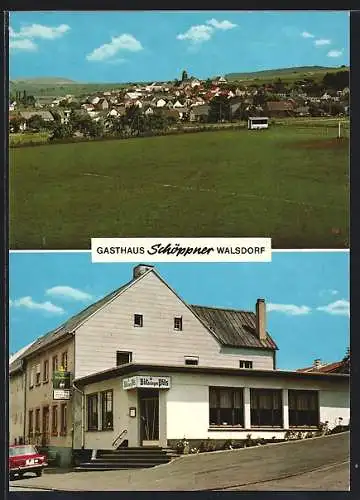 AK Walsdorf /Eifel, Gasthaus Schöppner, Ortsansicht mit Kirche