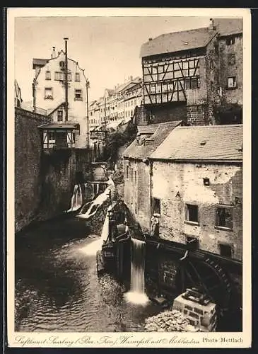 AK Saarburg /Bez. Trier, Wasserfall mit Mühlrädchen, Mühle
