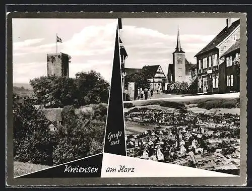 AK Kreiensen am Harz, Strassenpartie mit Kirche, Fliegeraufnahme vom Ort, Turm