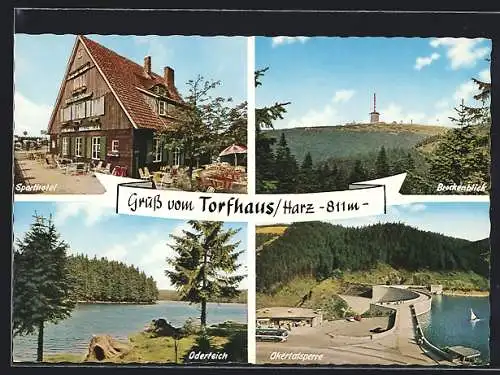 AK Torfhaus /Harz, Sporthotel, Brockenblick, Okertalsperre, Oderteich