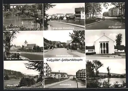 AK Salzgitter-Gebhardshagen, Strassenpartie am Burgwall, Sonnenbergsweg, Domänenteich, Kath. Kirche