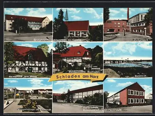 AK Schladen am Harz, Gasthaus Buchladen, Heimathaus Alte Mühle, Zuckerfabrik, Altersheim, Minigolf am Badeteich
