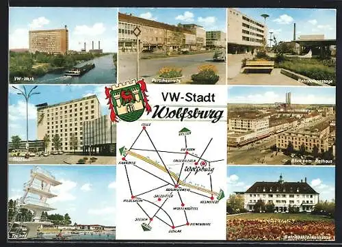 AK Wolfsburg, VW-Werk, Porschestrasse, Freibad, Rathaus, Bahnhofspassage