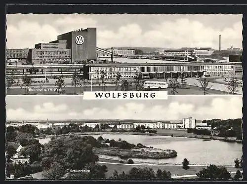 AK Wolfsburg / VW-Werk, Bahnhof u. VW-Werk, Schillerteich