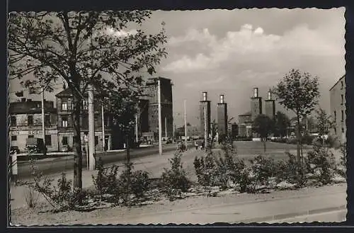 AK Duisburg, Schwanentorbrücke mit Umgebung