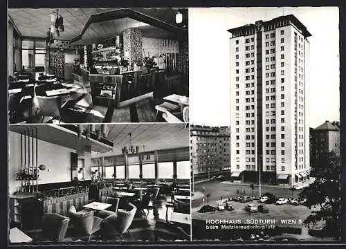 AK Wien, Matzleinsdorferplatz mit Hochhaus Südturm, Terrassen-Kaffee Innenansichten